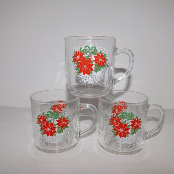 Set 3 VTG Luminarc Christmas Cheer Poinsettia Glass Coffee Tea Eggnog Mug - Picture 2 of 5